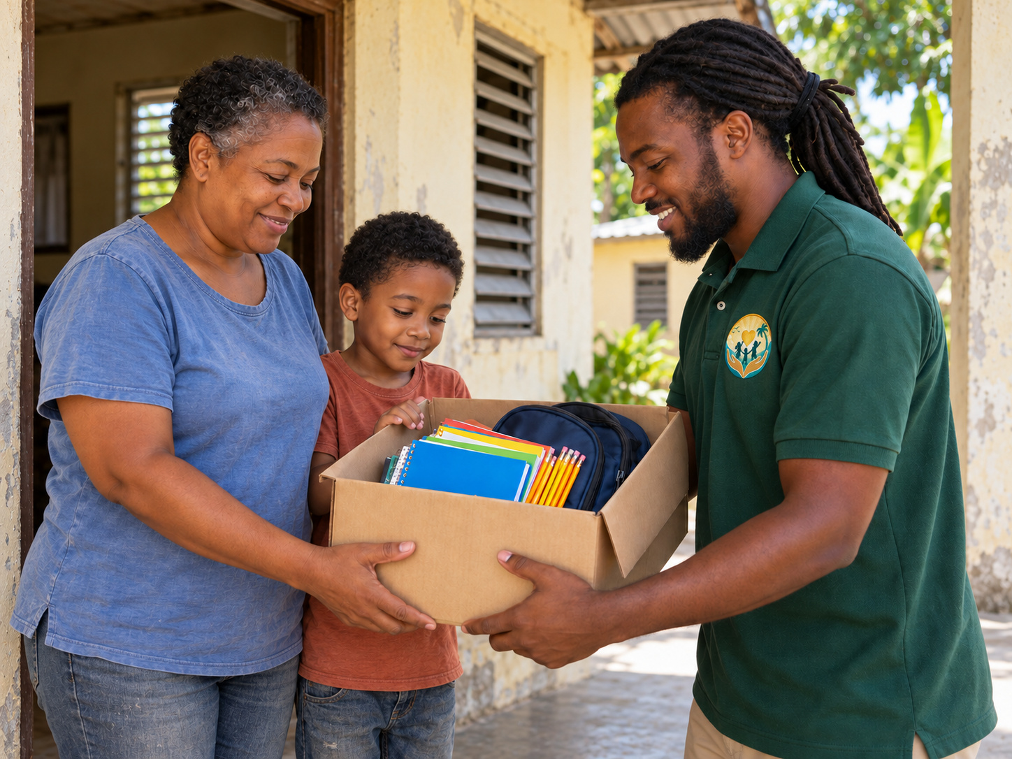 Illustration: a family receiving a box of school supplies from a Foundation volunteer