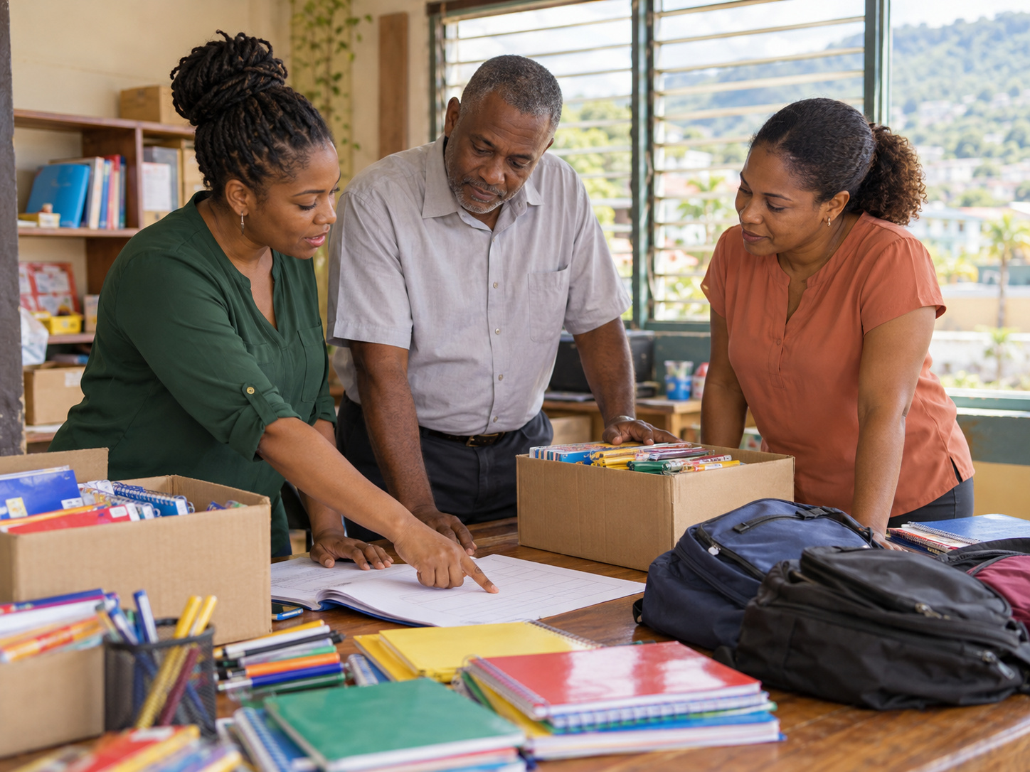 Illustration: partners reviewing donated school supplies together