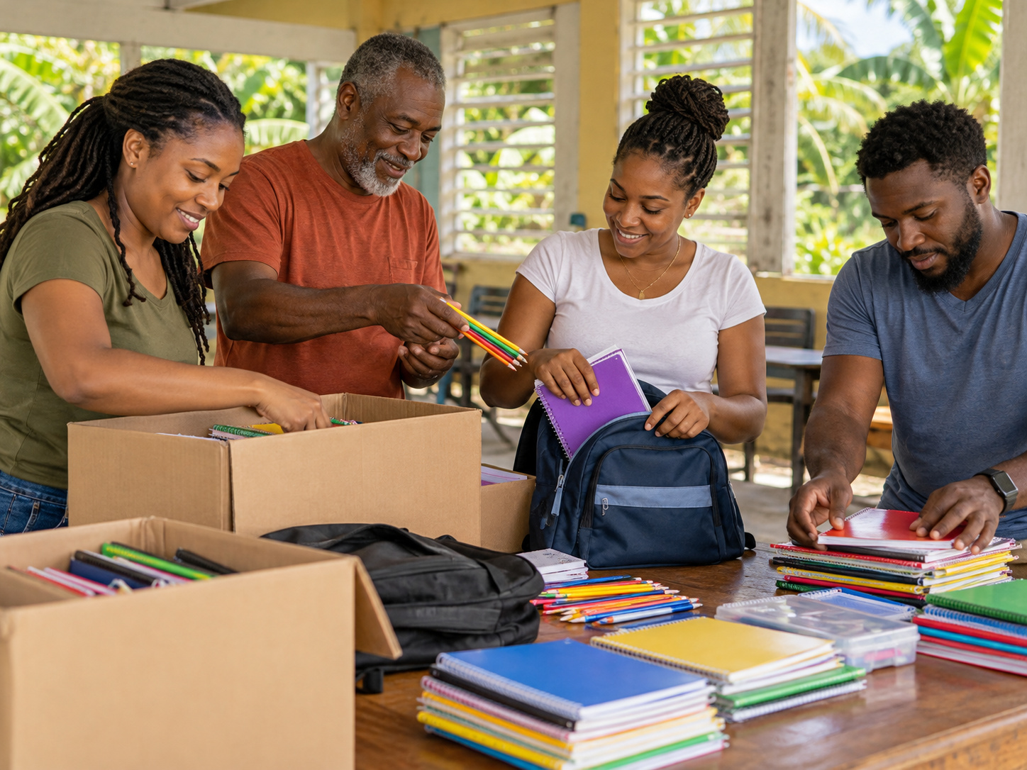 Illustration: volunteers sorting school supplies and backpacks at a community event